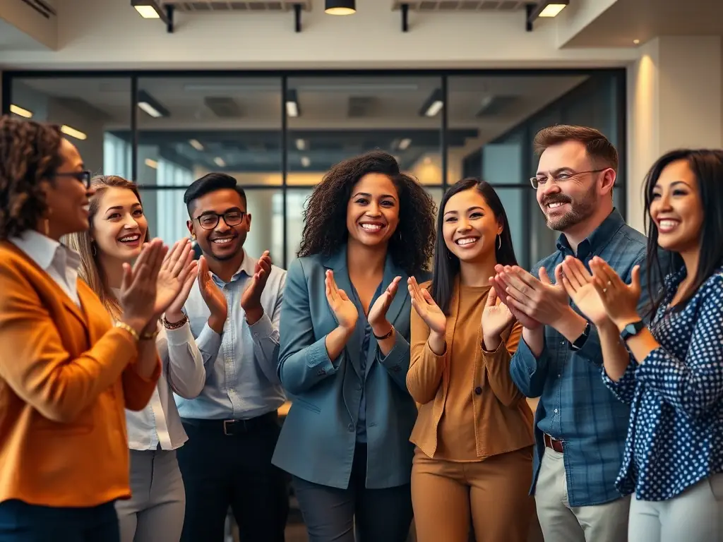 A FinanceFusion team celebrating a successful mortgage approval with a client, showcasing a positive and celebratory moment.