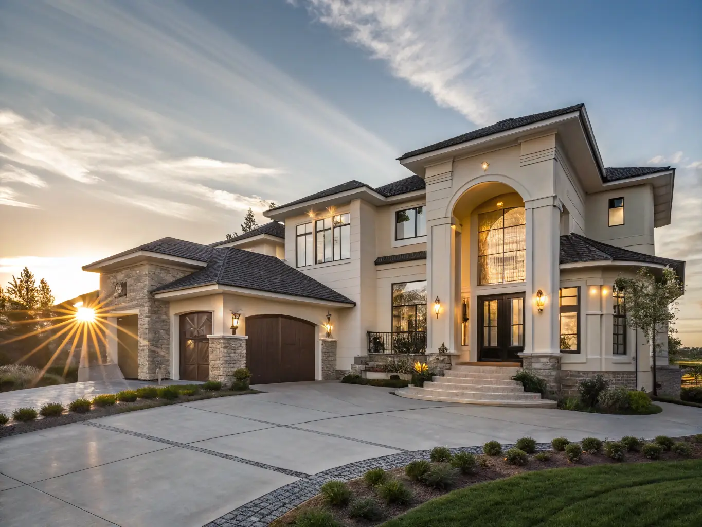 A modern house exterior with a 'For Sale' sign, bathed in sunlight, symbolizing the dream of homeownership.