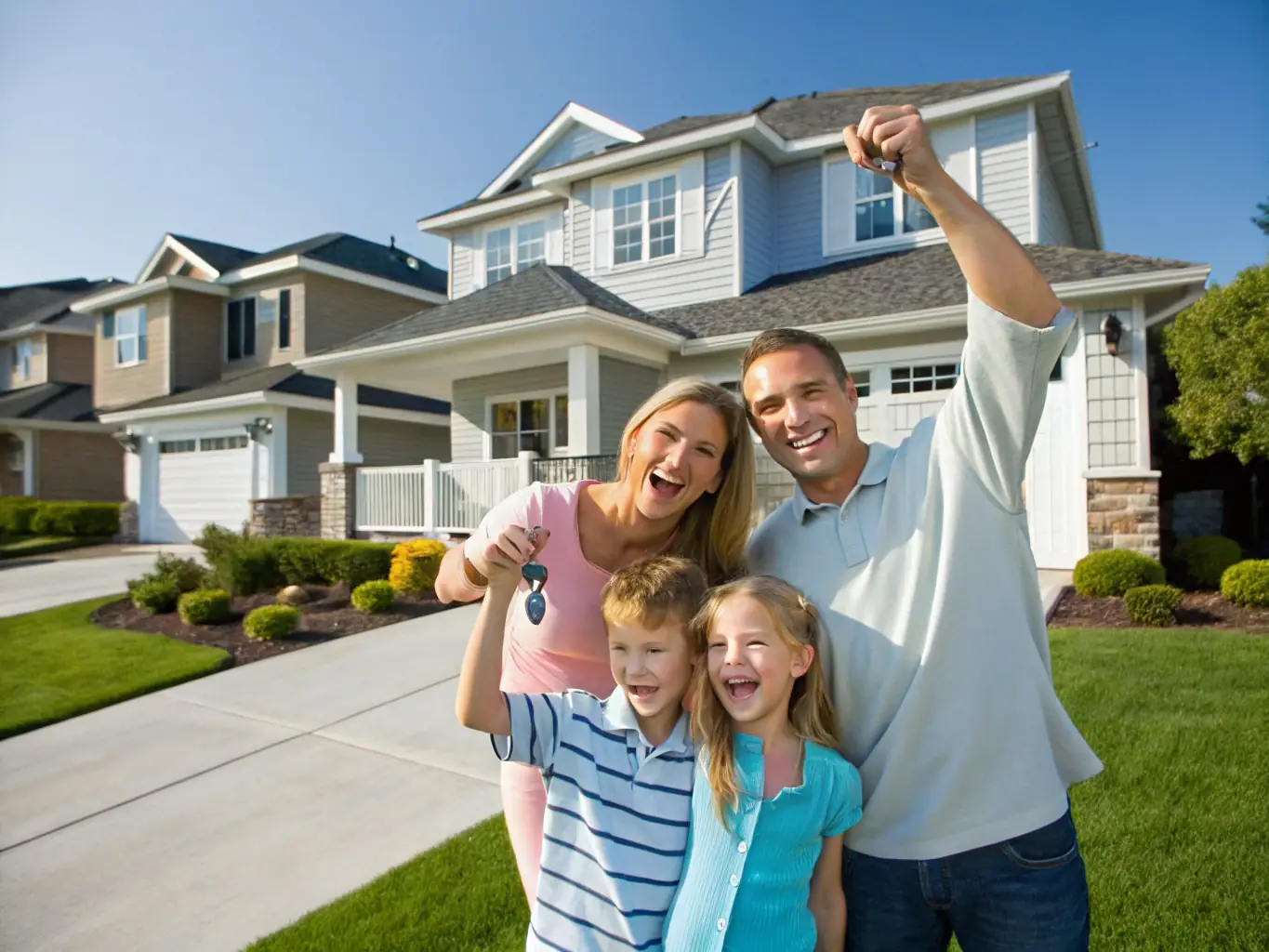 A diverse group of people happily gathered in front of a newly purchased home, representing community and the joy of homeownership.