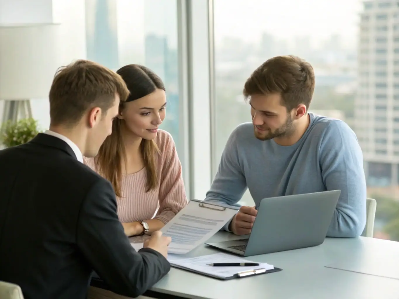 A professional advisor explaining the benefits of whole life insurance to a young couple in a modern office setting, emphasizing long-term financial planning and security.