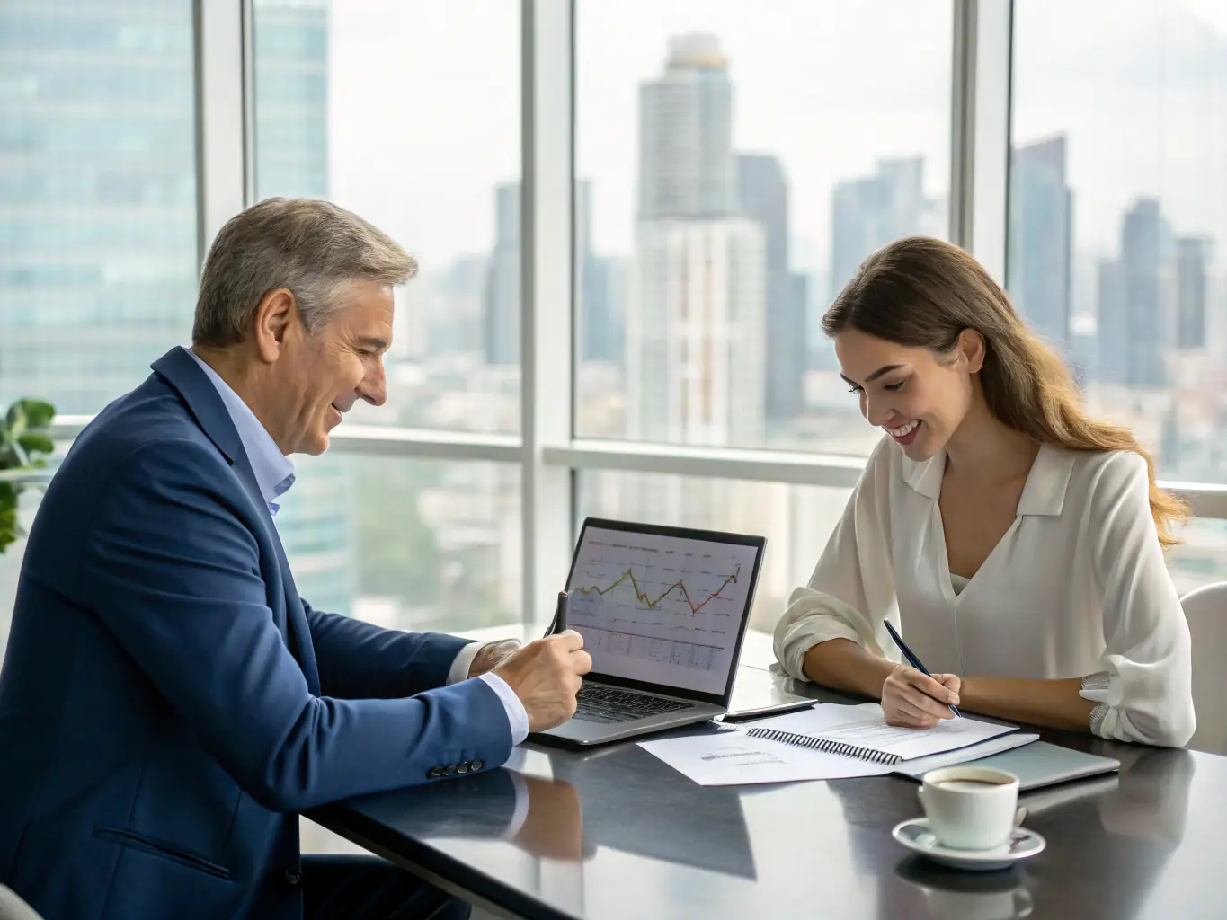 A person reviewing mortgage documents with a financial advisor in a bright, modern office setting, emphasizing professional guidance.