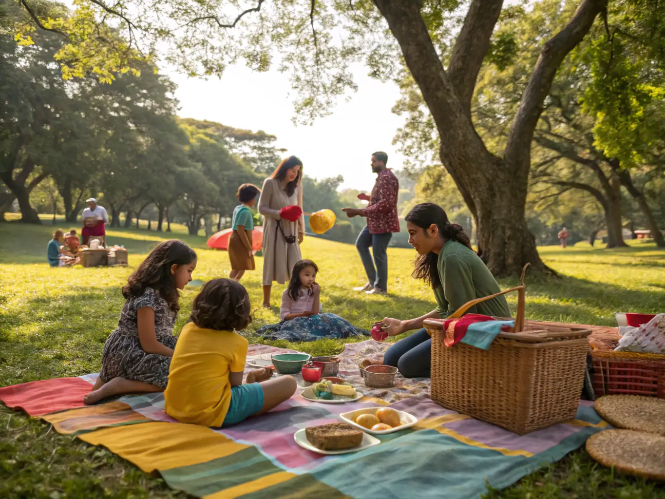 A serene image of a family enjoying a picnic in a park, symbolizing the peace of mind and security that life insurance provides. The scene is bathed in warm sunlight, emphasizing the positive impact of financial planning.