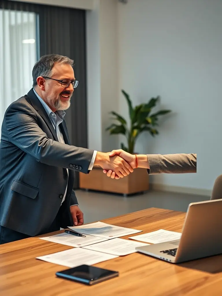 A handshake between a loan officer and a potential homebuyer, representing trust and a strengthened position in negotiations, with a blurred background of a real estate office.