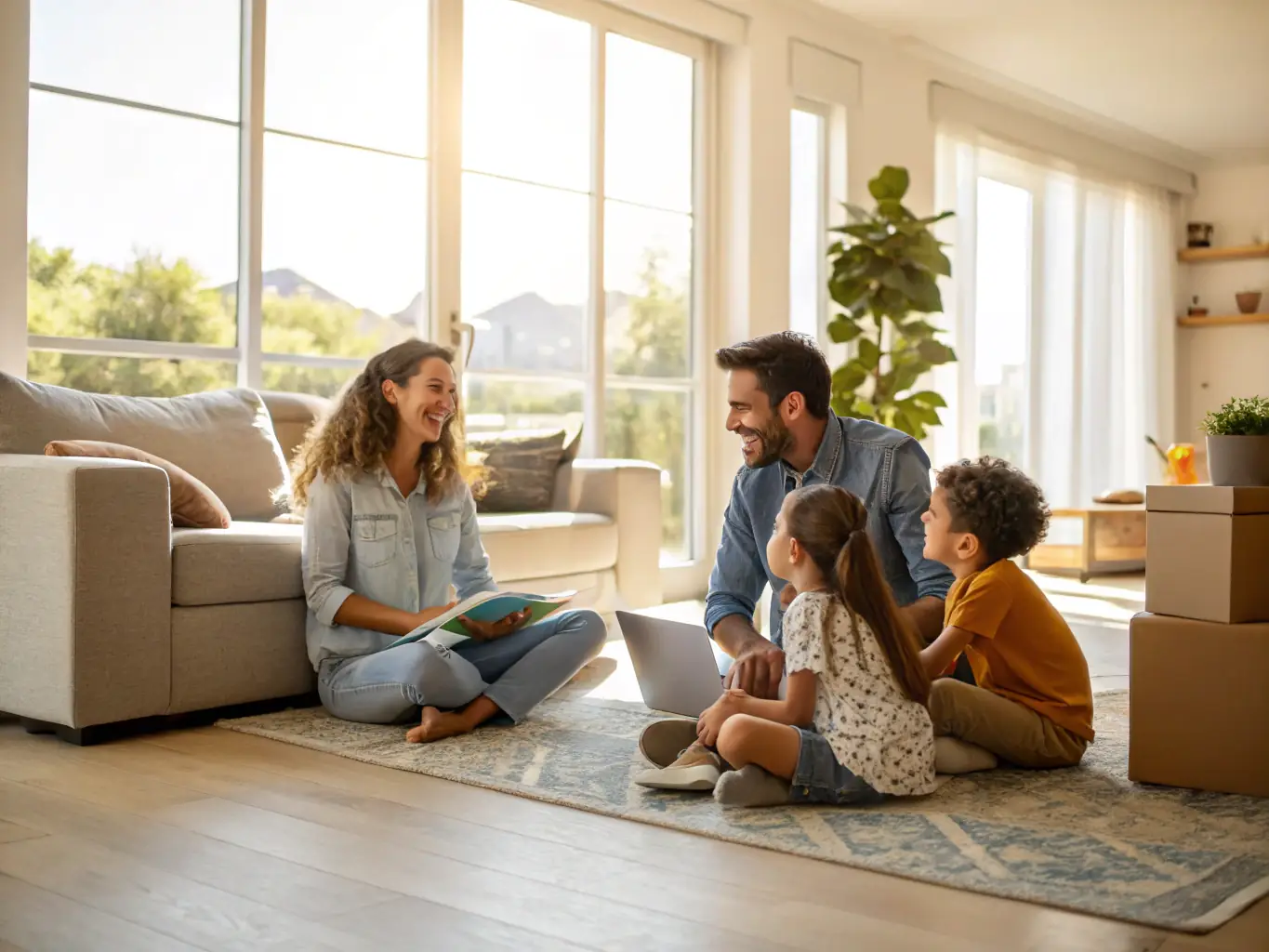 A serene image of a home with a 'sold' sign, but with a family still happily residing inside, illustrating how life insurance can pay off a mortgage and prevent displacement after a loss.