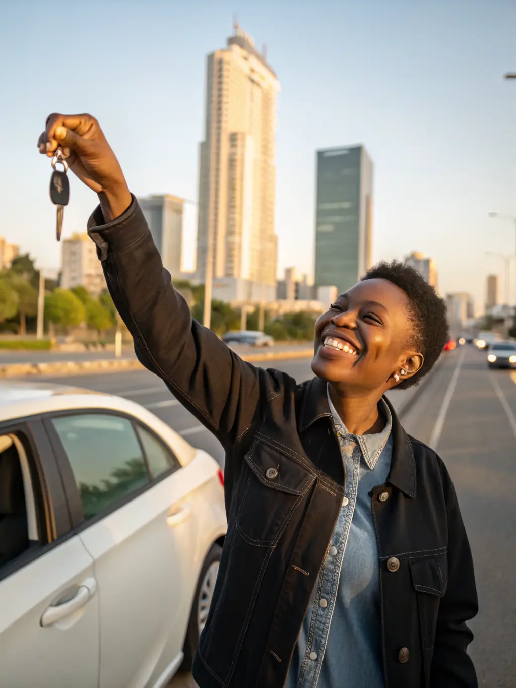 A person confidently holding keys to a new home, symbolizing the empowerment of knowing their budget beforehand, set against a backdrop of a modern suburban neighborhood.