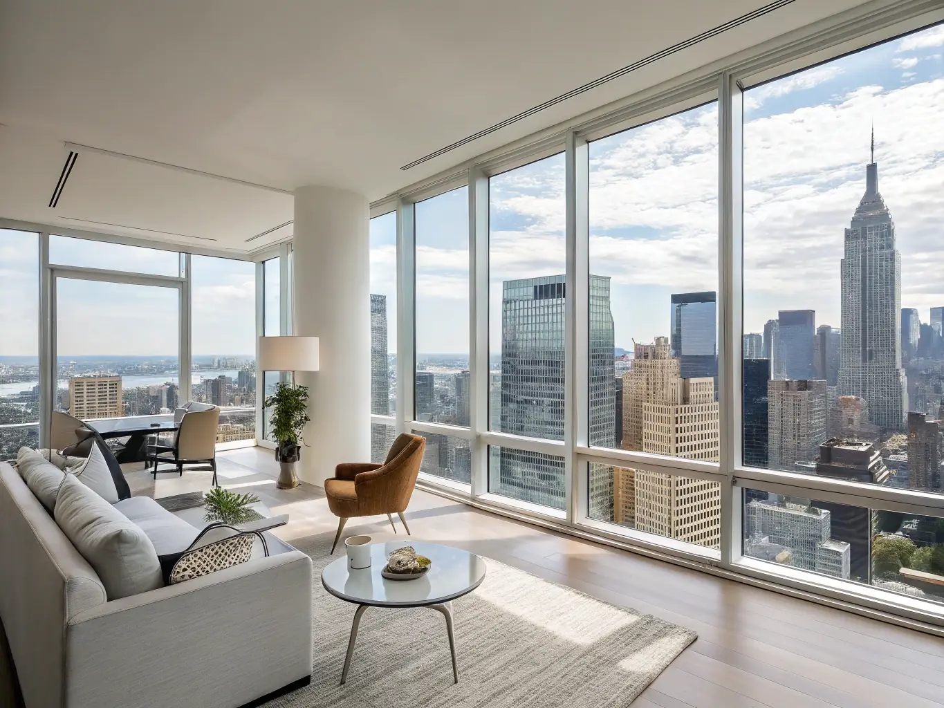 A modern, minimalist apartment interior with large windows overlooking a cityscape, representing the flexibility and adaptability of adjustable-rate mortgages.