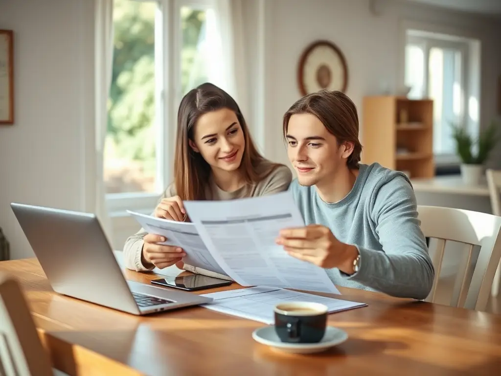 A couple reviewing financial documents together, illustrating how life insurance can help pay off outstanding debts and mortgages.