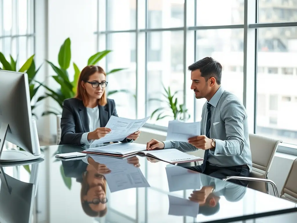 A person sitting at a desk, reviewing mortgage documents with a FinanceFusion representative, in a modern office setting. The atmosphere is professional and supportive.