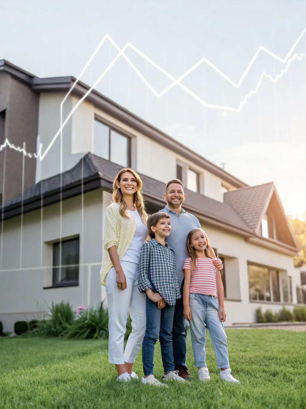 A family smiling and embracing in front of their new home, symbolizing security and protection offered by FinanceFusion's life insurance plans.